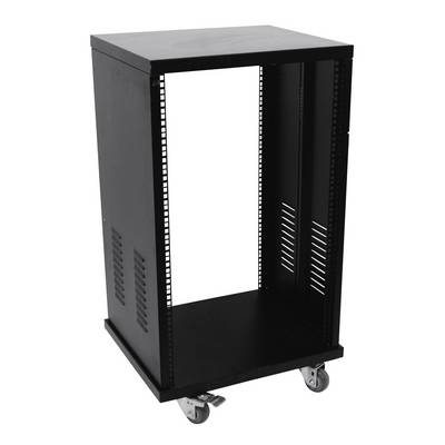 Black, empty equipment cabinet with wheels, suitable for mounting electronic devices in data centres or offices.