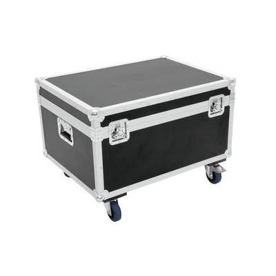 Black transport box on wheels with metal reinforcements and locks. Suitable for securely storing and transporting equipment.