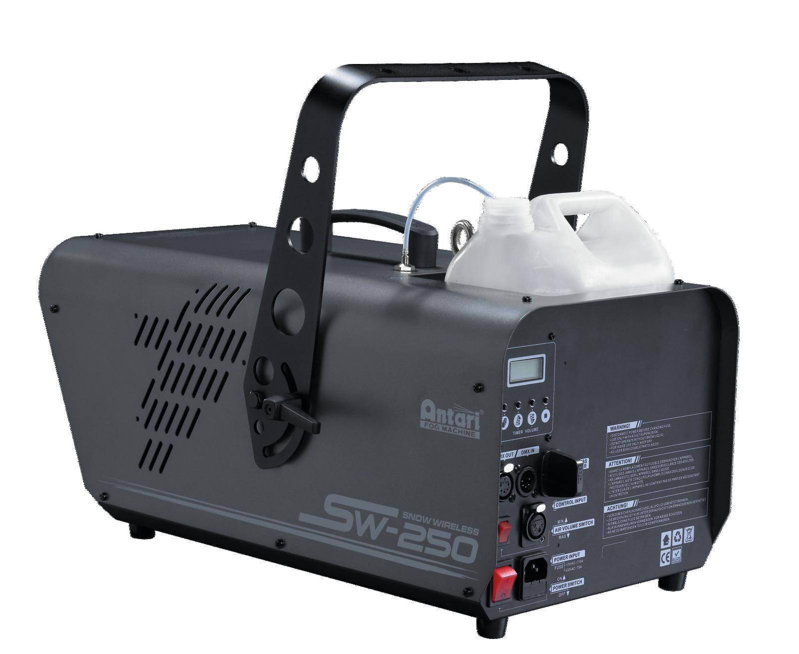 Antari SW-250 Fog Machine, black, with handle and control panel; two liquid containers on top, suitable for stage and event effects.