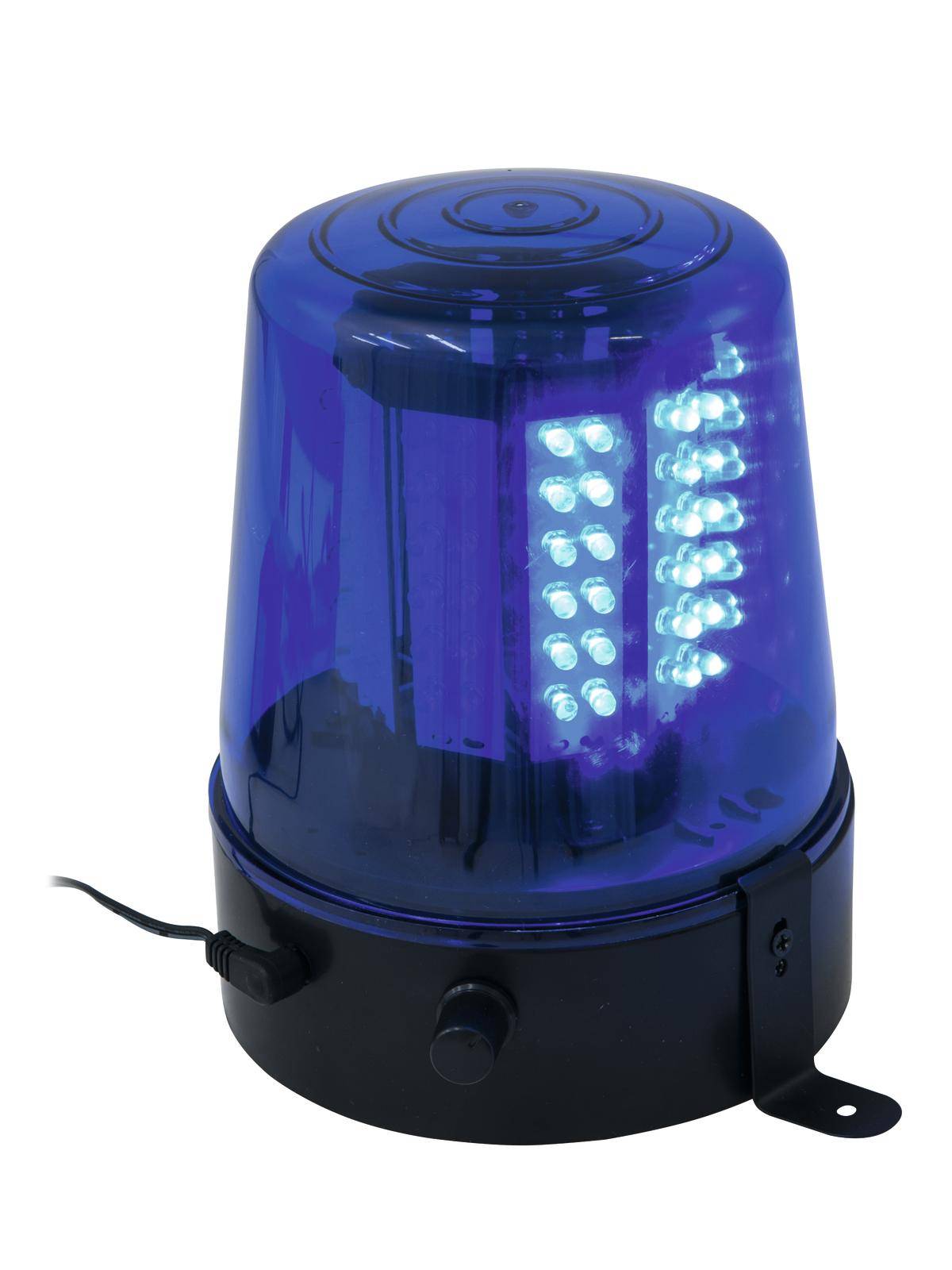 Blue rotating beacon on a black base, typical warning signal for emergency vehicles, connected to a mains plug.