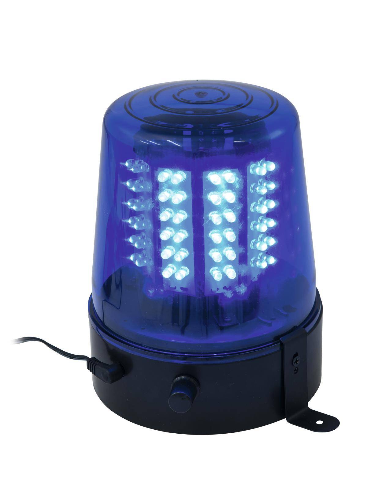 Blue emergency light with a blue casing and multiple illuminated LED rows, used as a warning signal on vehicles.
