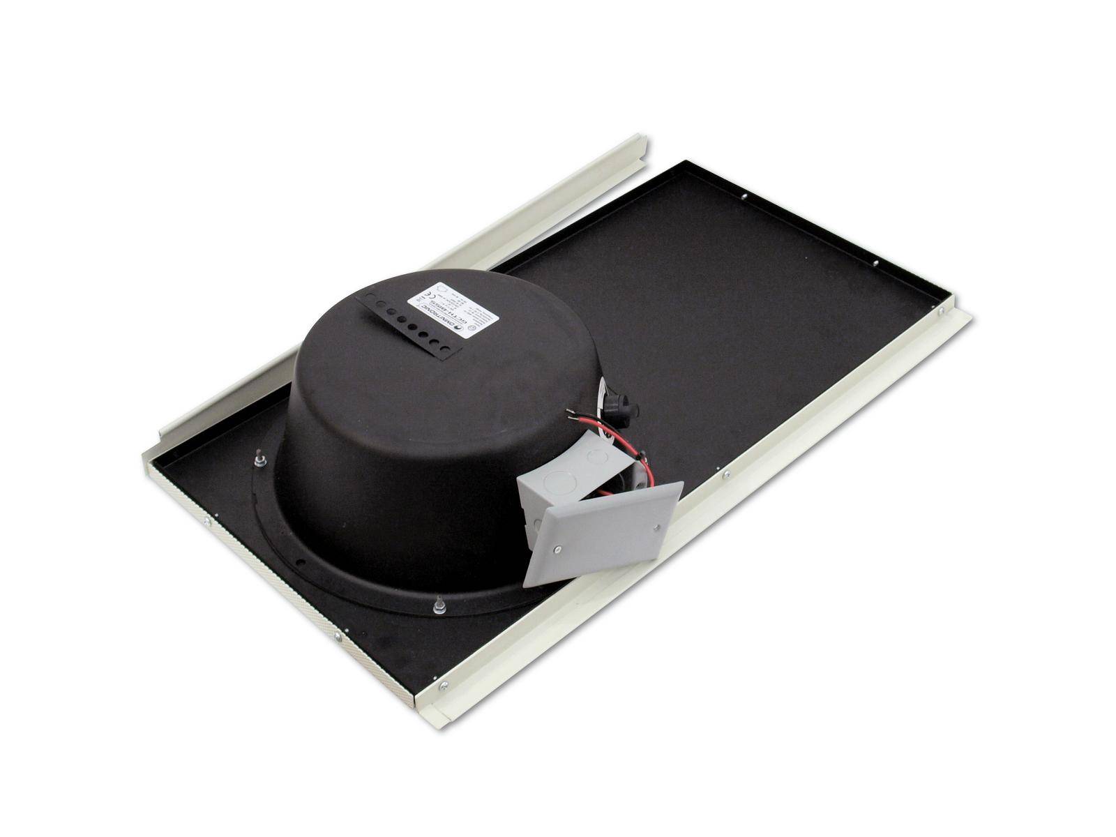 Round black ceiling loudspeaker with housing, mounted on a rectangular plate; cables and connections visible on the side.