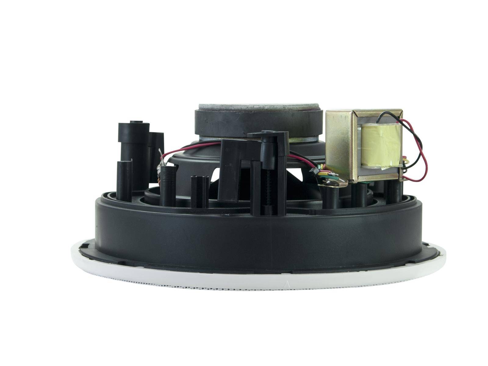 A black loudspeaker viewed from the side, with visible cables and electronic components.