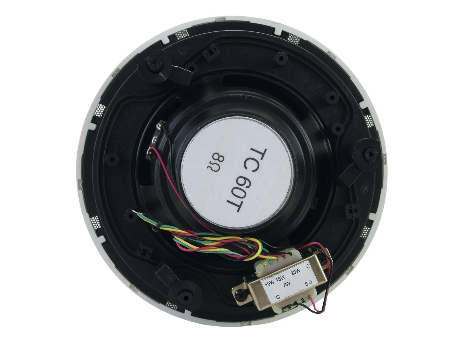 Back of a speaker with visible cable connections and a label reading 'TC 60T 8Ω'.