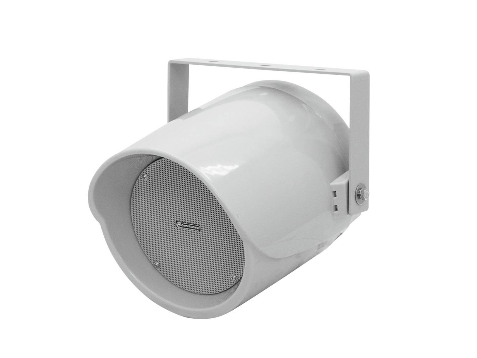 A white, cylindrical loudspeaker with mounting bracket, suitable for ceiling or wall installation. Ideal for announcements or music transmission.
