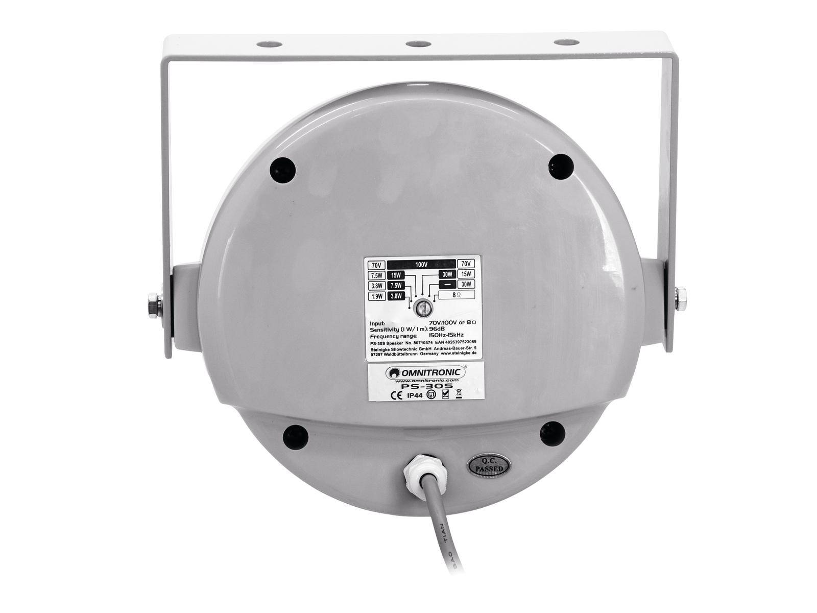 The rear side of a grey technical device, with a mounting frame and cable connection, shows a label with technical specifications.