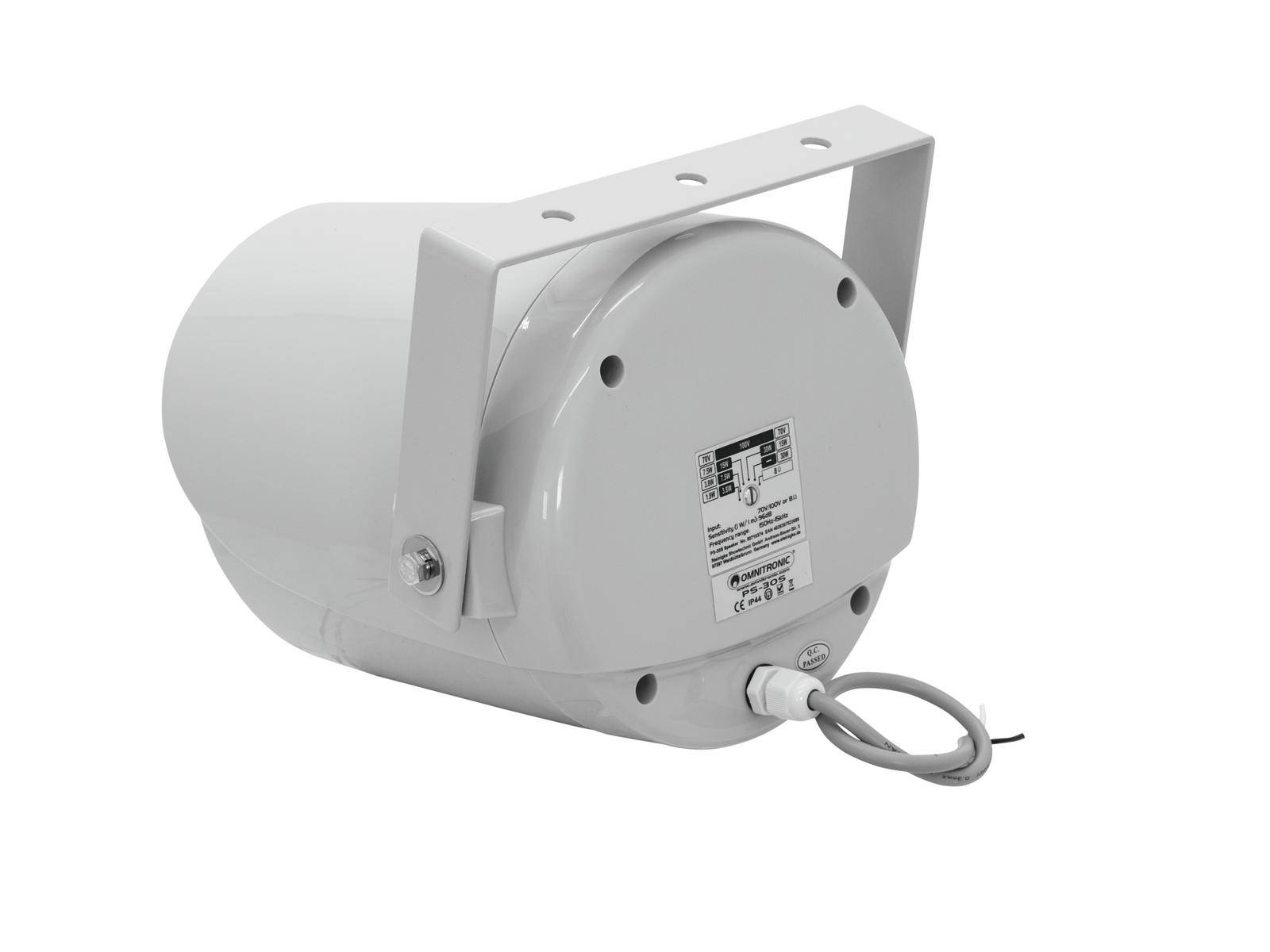 A white speaker with a wall mount, labelled on the back and connected with a cable.