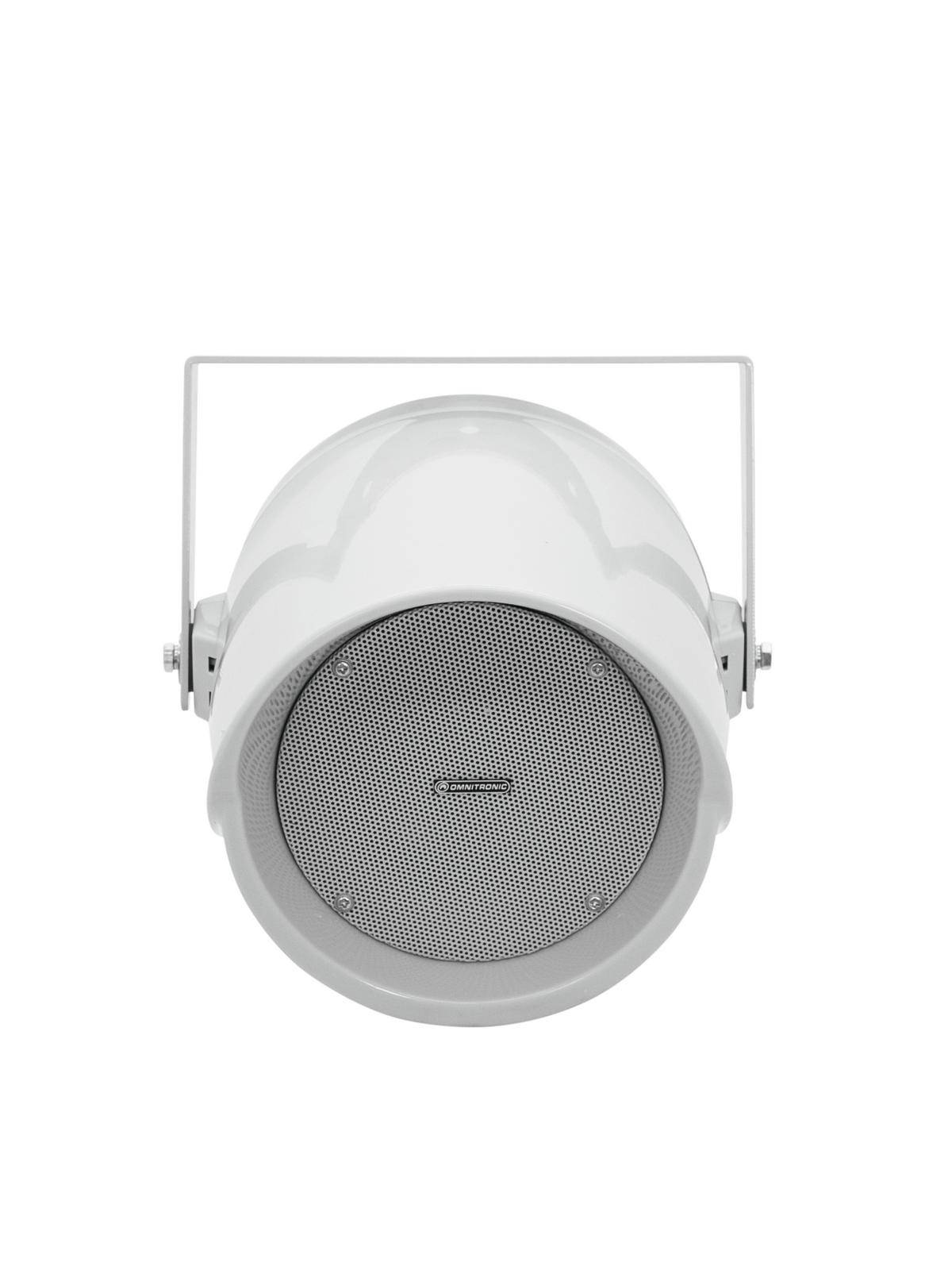 A white, round speaker with a metal grille on the front and a handle on top, depicted from the front.