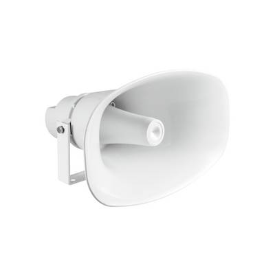 White horn-shaped loudspeaker, mounted on a bracket. Suitable for announcements and public address systems in large spaces.