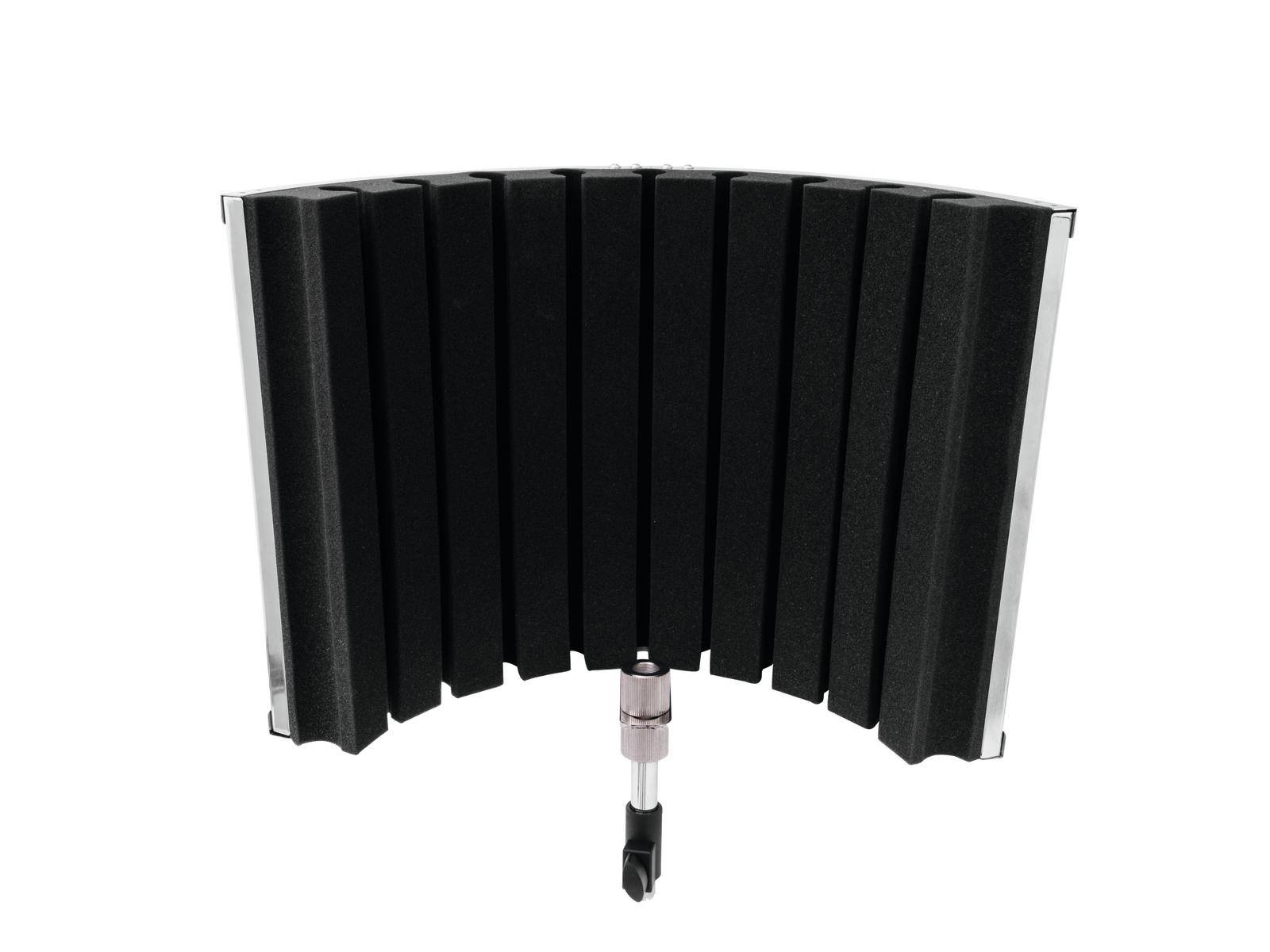 A black sound-absorbing microphone filter in a semi-circular shape, mounted on a stand. Suitable for improving recording quality.