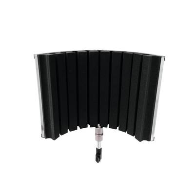 A black sound-absorbing microphone filter in a semi-circular shape, mounted on a stand. Suitable for improving recording quality.