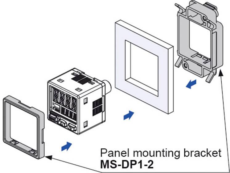 'Panel mounting bracket MS-DP1-2' shown: Installation instructions for electronic device with steps for mounting in frame.