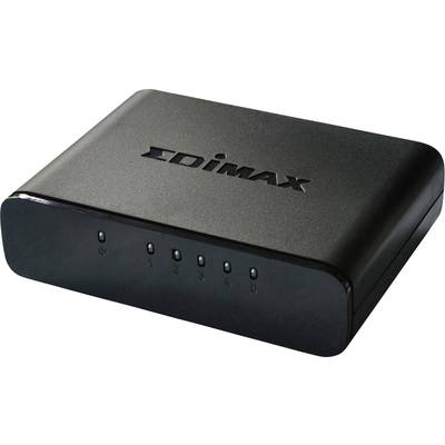 Black EDIMAX network switch with five Ethernet ports. Suitable for connecting multiple devices in a local network.