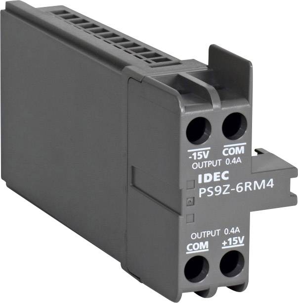 Grey electronic module IDEC PS9Z-6RM4 with labels for outputs: '-15V', 'COM', '+15V', 'OUTPUT 0.4A', showing plug connections.