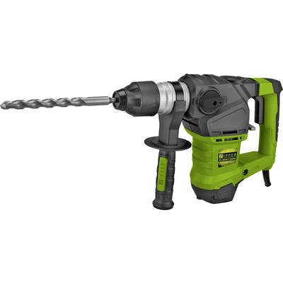 A green and black rotary hammer with a metal drill bit at the tip, suitable for heavy-duty drilling work.