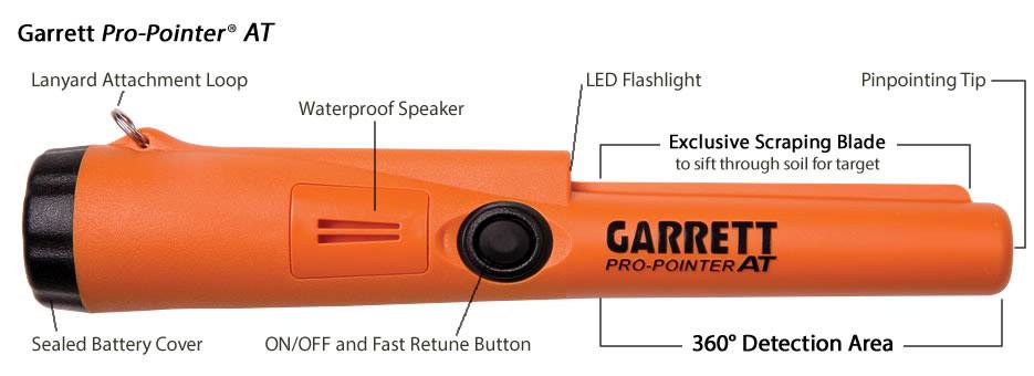 The Garrett Pro-Pointer AT is an orange metal detector with LED light, waterproof speaker, and scraper blade.