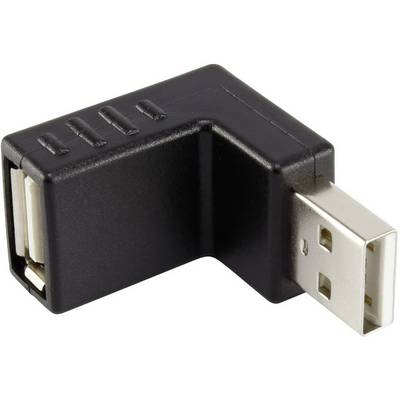A black 90-degree USB angle adapter with a USB-A plug on one side and a USB-A socket on the other side.