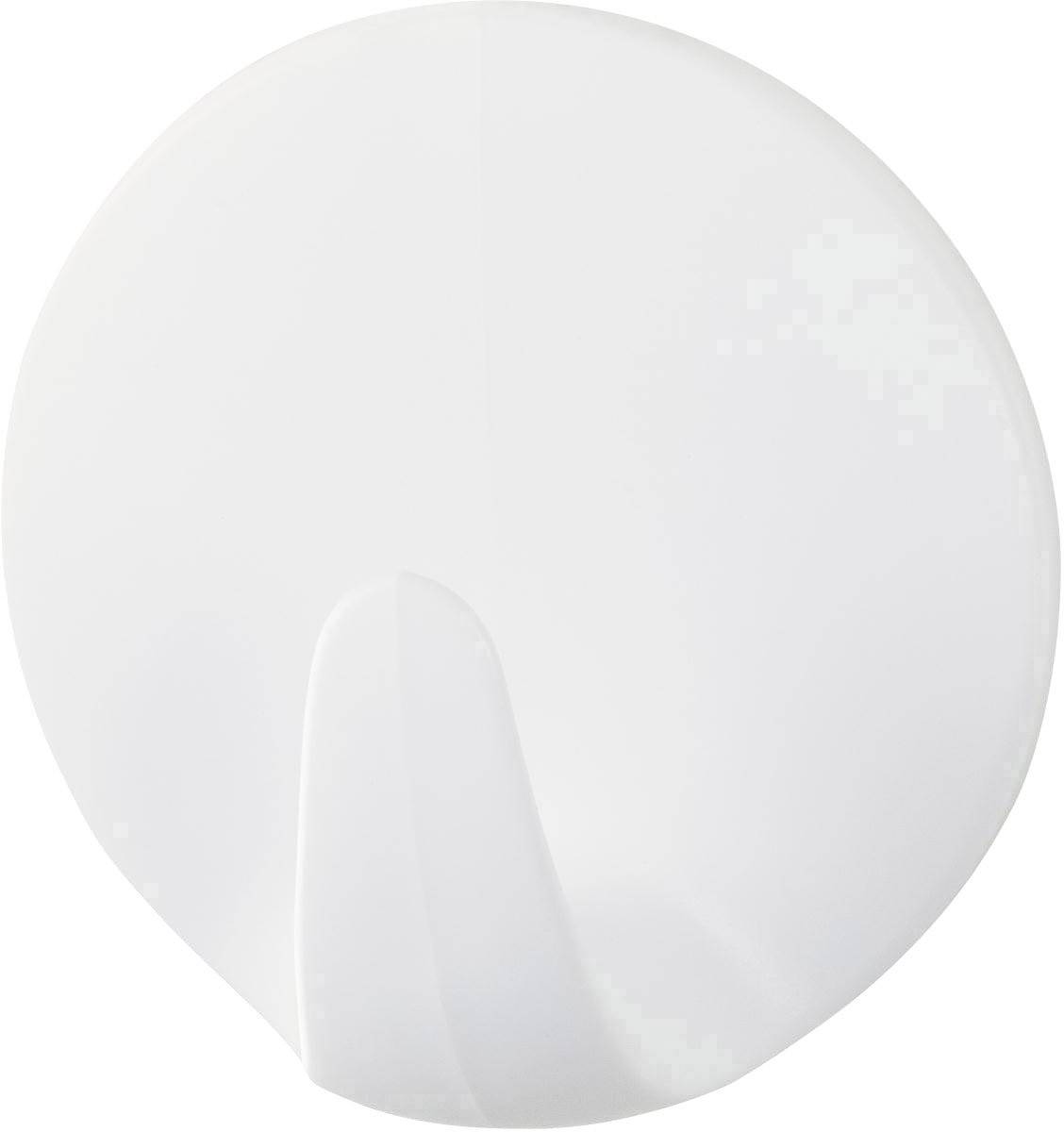 A white, round hook on the wall, suitable for hanging light items such as towels or jackets.