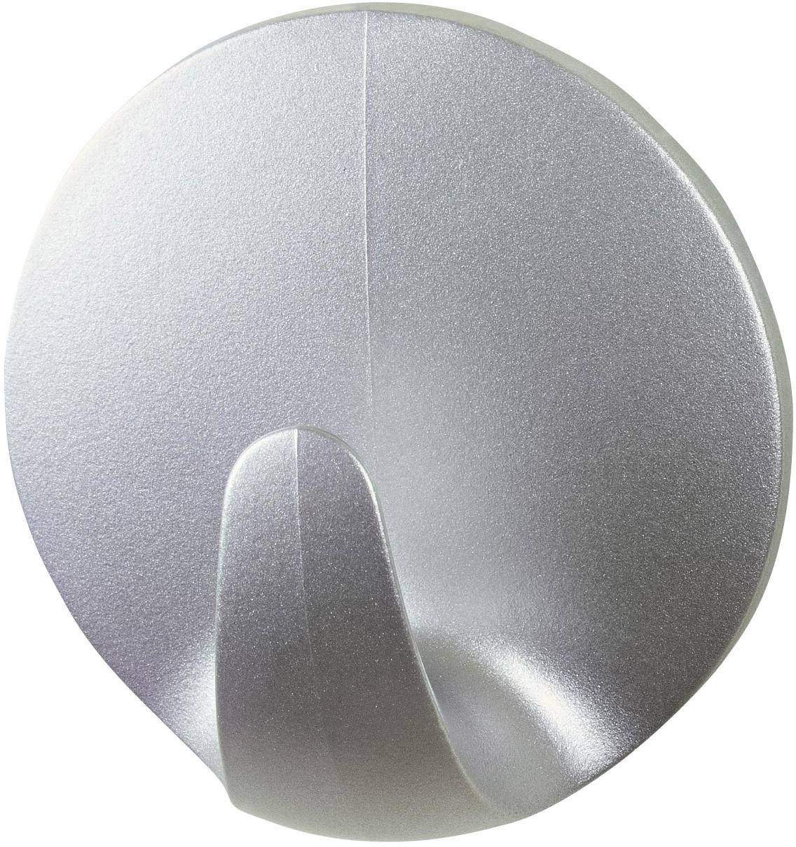 Round, silver wall hook with a smooth surface.