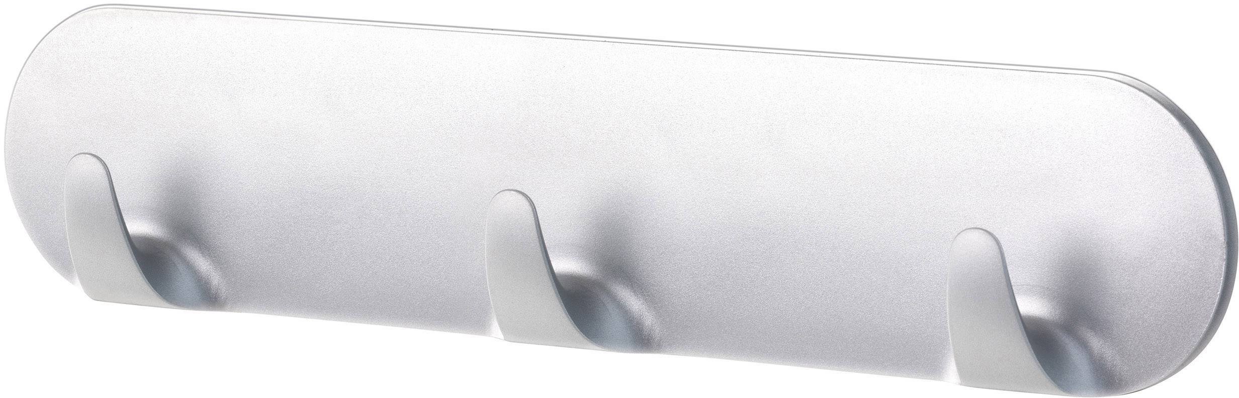 Metallic coat hook with three rounded hooks on a long, oval plate. Perfect for hanging clothing or towels.