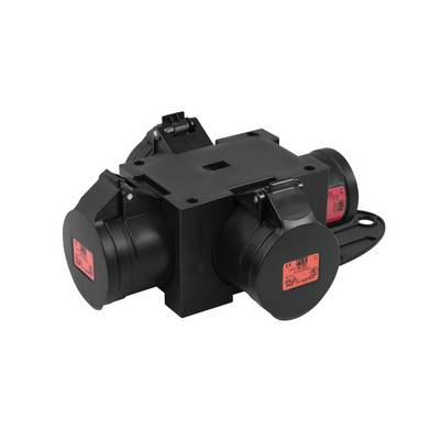 Black triple industrial socket strip with covers, designed for robust applications, suitable for outdoor use.