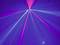 Colourful laser beams in blue and purple tones slice through the darkness in a room, creating a vibrant light display.