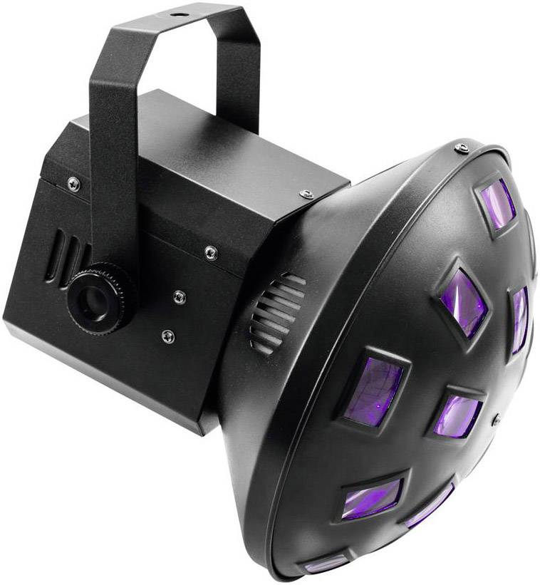 Black LED light effect with multiple purple illuminated surfaces, perfect for parties or stage lighting.