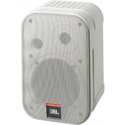 Grey speaker with a black JBL logo on the front. Two speaker drivers visible behind a metal grille.