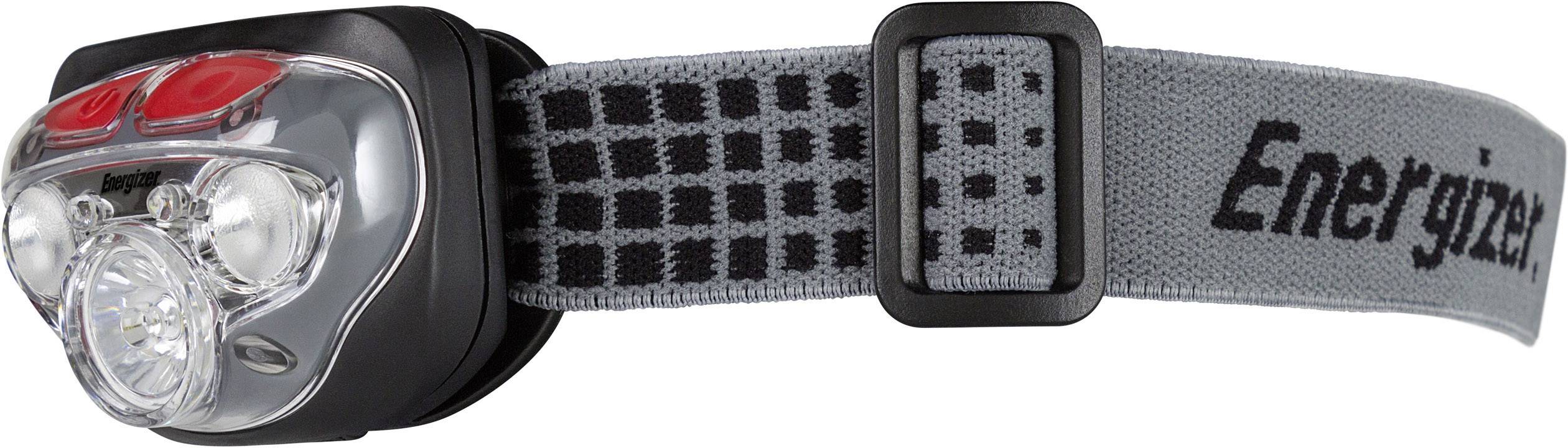 A grey head torch with an elastic band, black plastic casing and two red buttons on top.