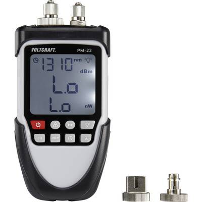 Digital performance measuring device displaying '1310 nm' and 'L.o'. The device has several buttons at the bottom and two socket connections at the top. Two detachable adapters are situated beside it.