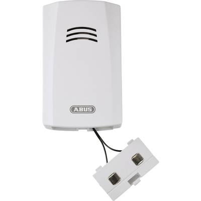 A white Abus water detector with a grille on the front and a protruding sensor with two contacts.