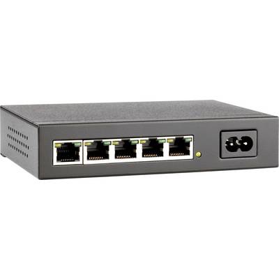 A network switch with five Ethernet ports and a power connection on the right-hand side.