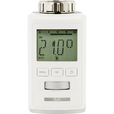 Digital radiator thermostat with display. Shows '21.0°'. Buttons for 'Menu', 'OK' and 'Back'. Option to adjust temperature.