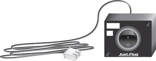 'Just Plug' power supply with cable and plug, black, rectangular design.