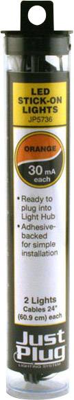Cylindrical packaging with the text 'LED Stick-On Lights', orange 30 mA lights, easy to install, two lights per pack.