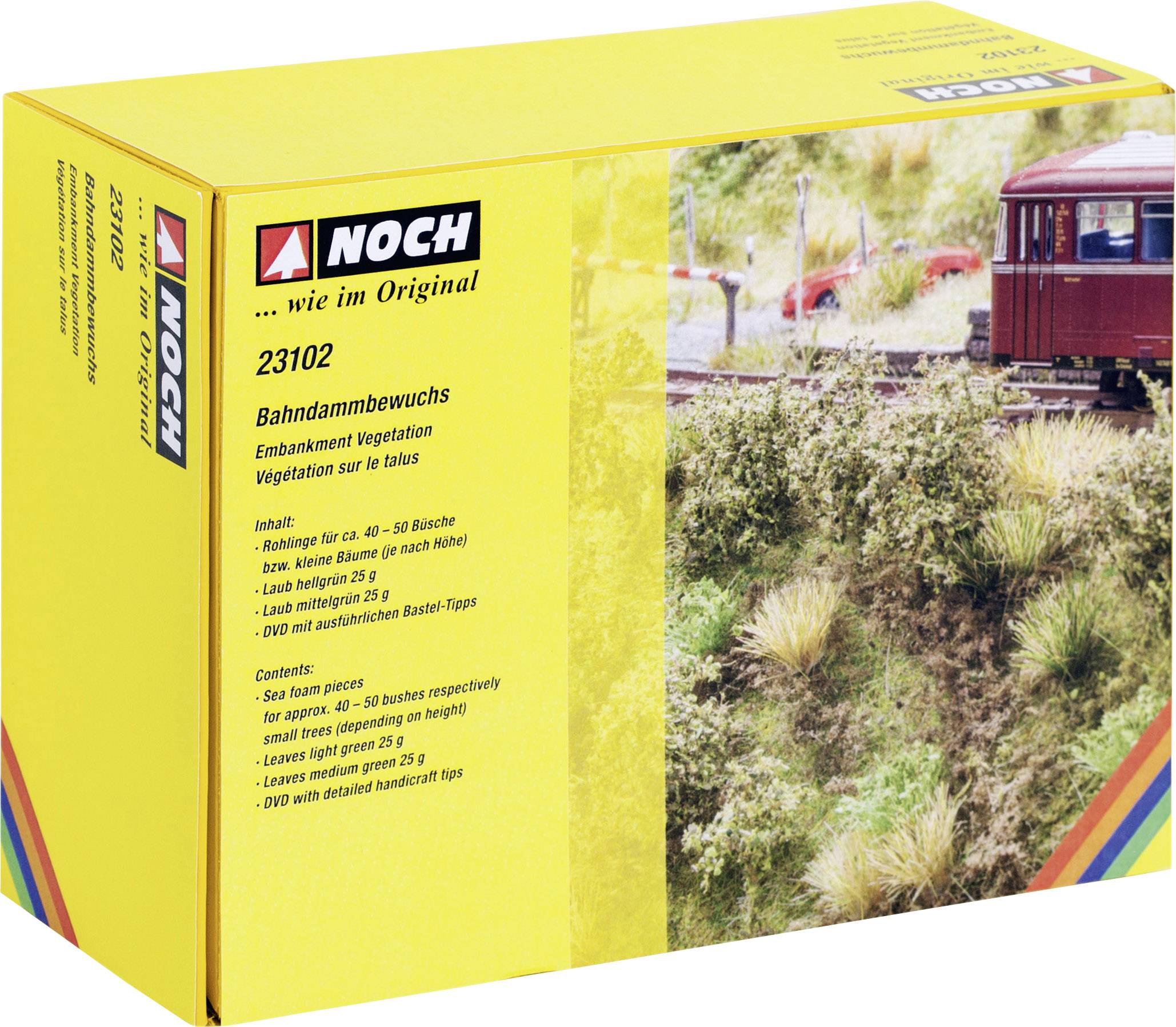 'Packaging for NOCH Railway Embankment Vegetation Model 23102, displaying plants for model railway landscaping, with an image of a miniature railway landscape.'