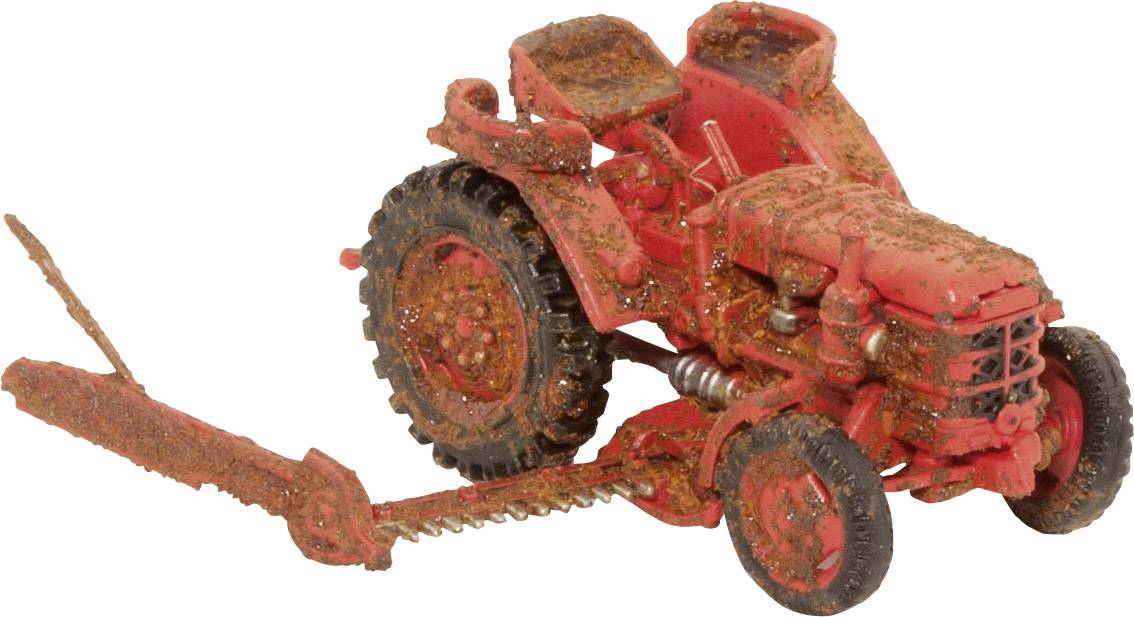 A small, rusty toy tractor model in red with an attached sickle, depicted against a white background.