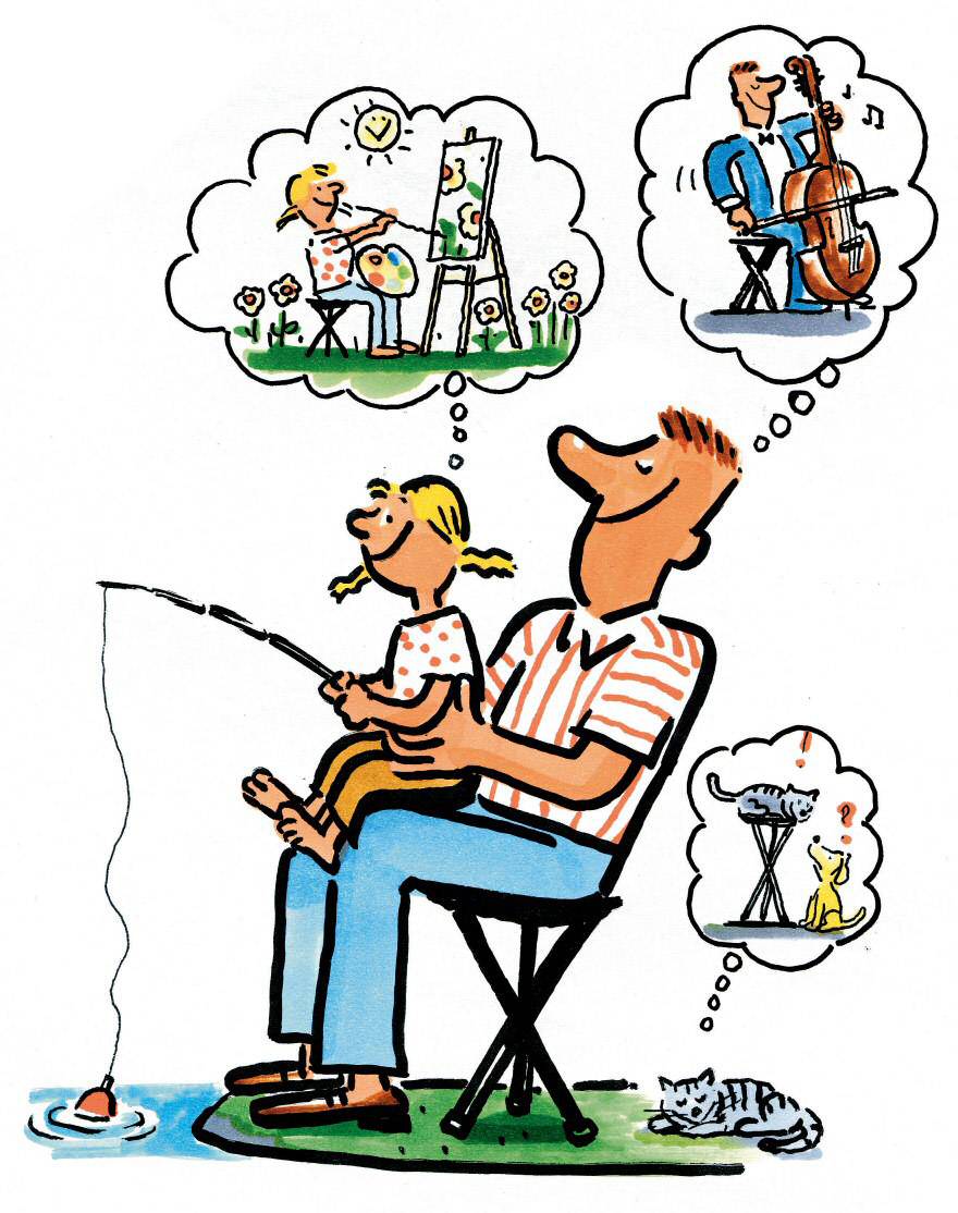 A father is fishing with his daughter. They both daydream about what they would like to do: painting, playing the cello, and watching cats.