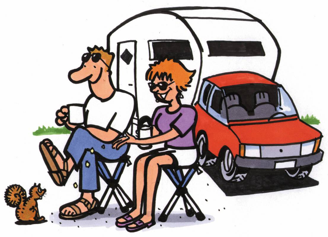 A couple sit in front of a caravan and a red car, drinking coffee and watching a squirrel. They look relaxed and cheerful.