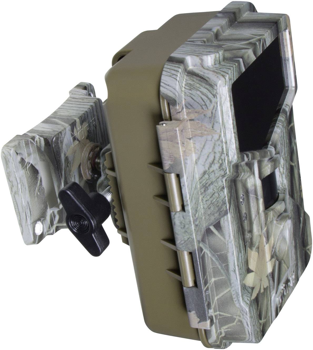 Compact wildlife camera in camouflage colours, side view with mounting bracket, suitable for outdoor animal monitoring.