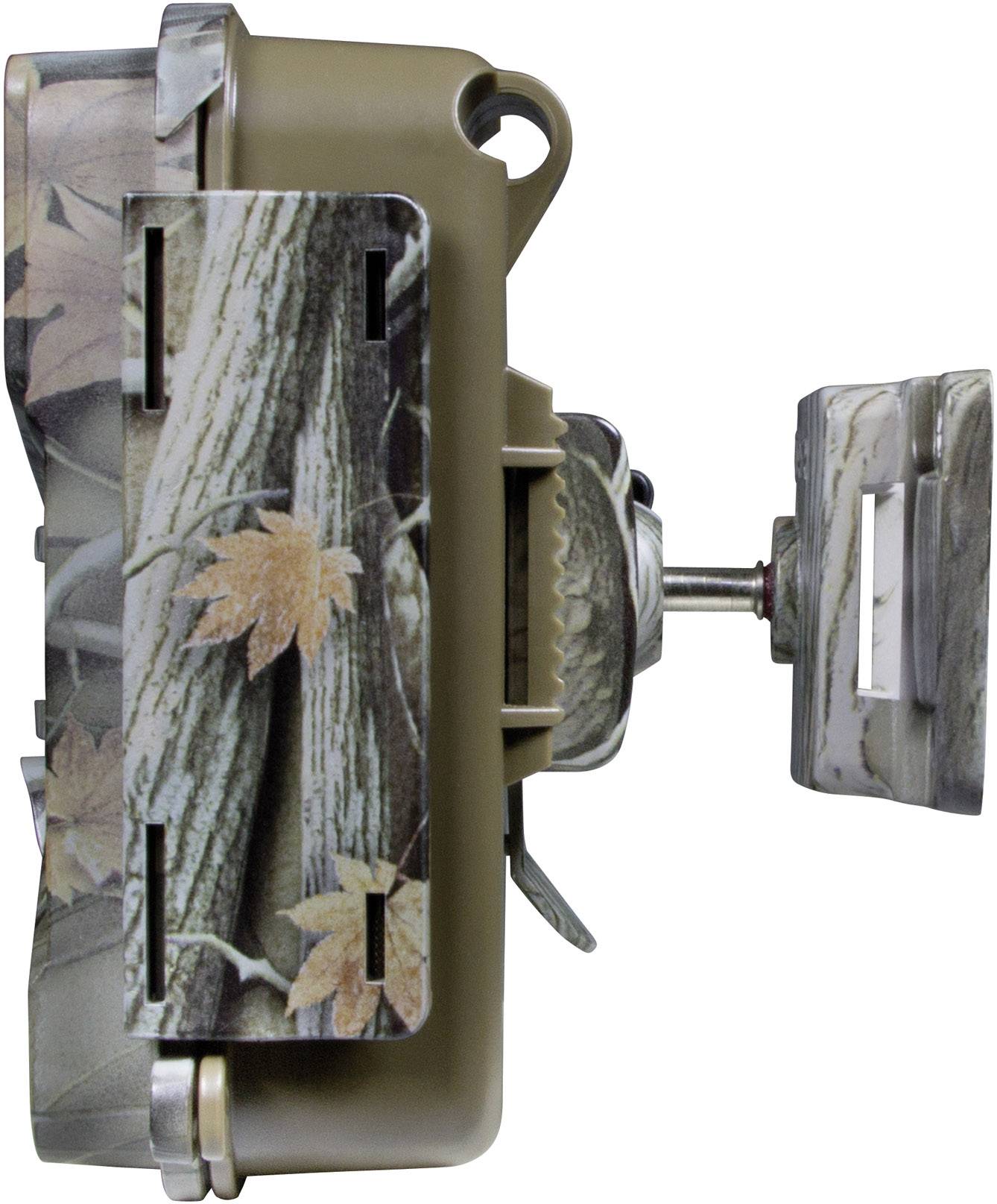 Side view of a camouflage trail camera with tree bark pattern; shows lens and mounting screw.