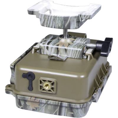 Wildlife camera with camouflage pattern, camera opening at the top, housing with mounting screw and grid, for observation in a natural environment.