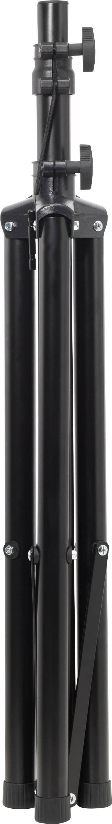 A folded, black tripod with three legs and adjustable clamps, suitable for camera mounting.