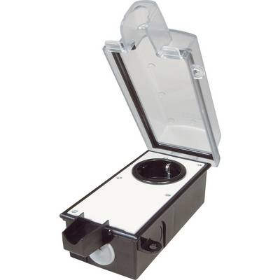 Protective earth socket with an open, transparent protective cover, suitable for outdoor use. Black housing, white platform.