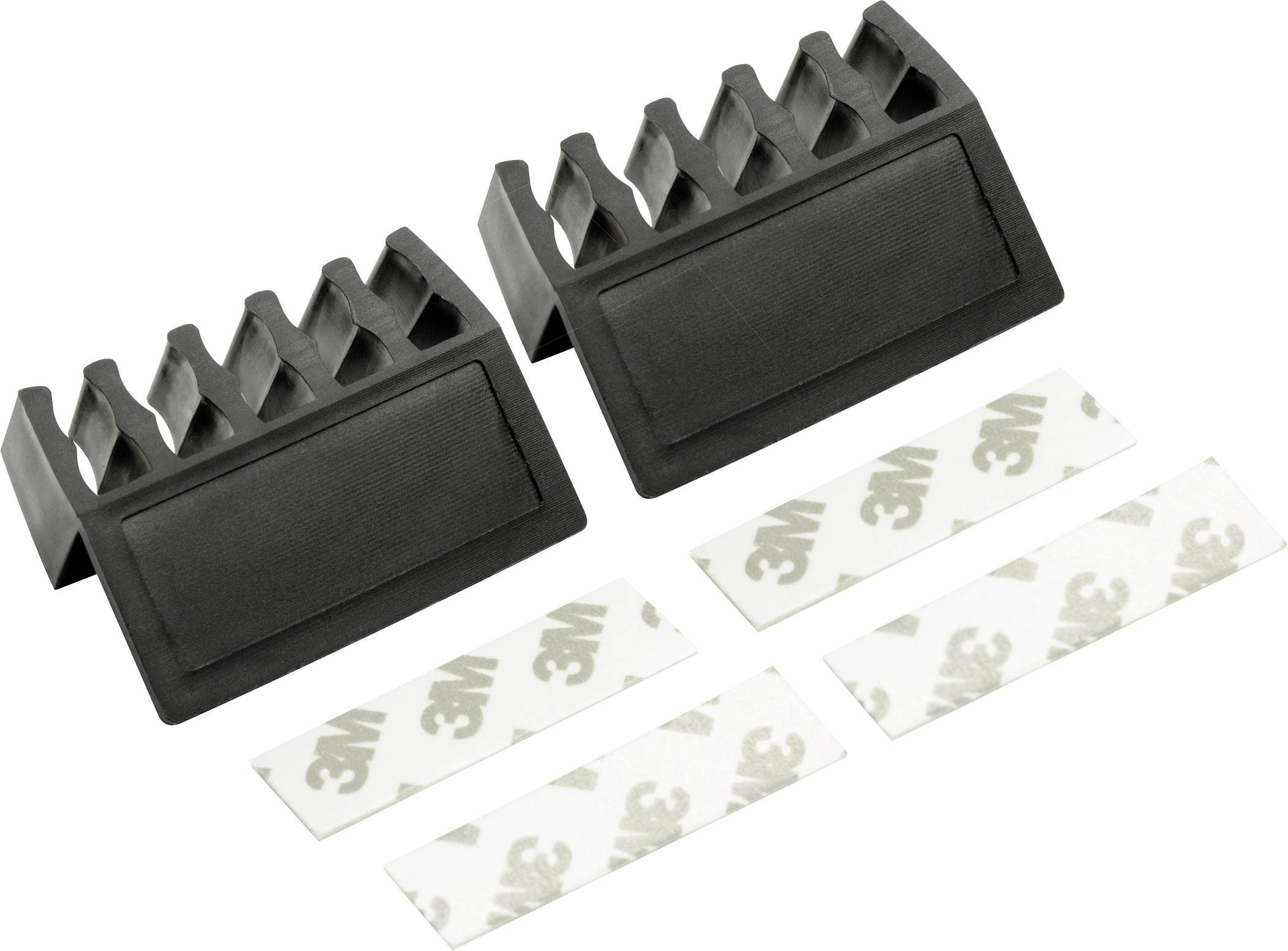 Two black cable holders with self-adhesive 3M strips, suitable for mounting on a surface to organise cables.