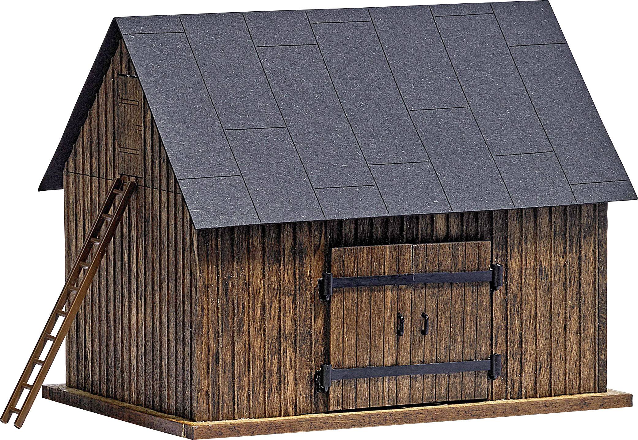 Wooden cabin with a pointed roof and a ladder on the side, rustic construction, dark wooden boards, two wooden doors at the front.