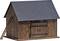 Wooden cabin with a pointed roof and a ladder on the side, rustic construction, dark wooden boards, two wooden doors at the front.