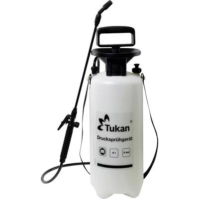 White Toucan pressure sprayer with a capacity of 5 litres and a maximum pressure of 3 bar, fitted with a long spray hose and handle.