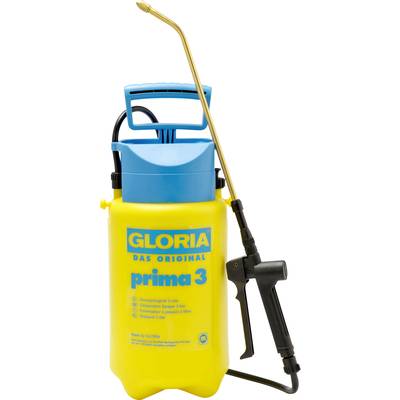 A yellow pressure sprayer with a blue cap, brand 'Gloria'. It has a long, detachable spray wand and is intended for garden work.