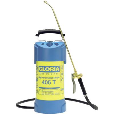 The image depicts a blue and yellow high-performance sprayer with a long handle and hose, labelled as the 'Gloria 405 T'.